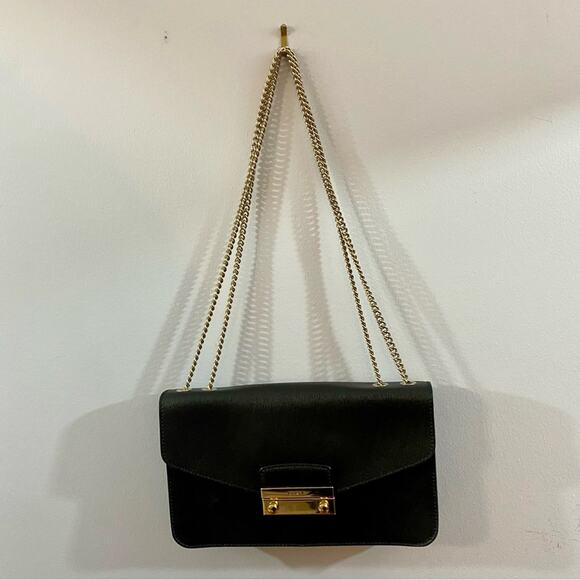 FURLA Metropolis Chain Black Leather Front Plate Logo Small Size Crossbody Bag - Picture 2 of 16